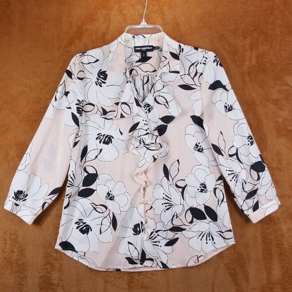 KARL LAGERFELD Top Womens Small Pink Floral Button Up Ruffle VNeck Flower Blouse